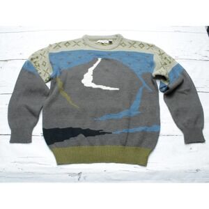 Saturdays Mens Vintage Landscape Intarsia Knit Sweater Grey Blue Large